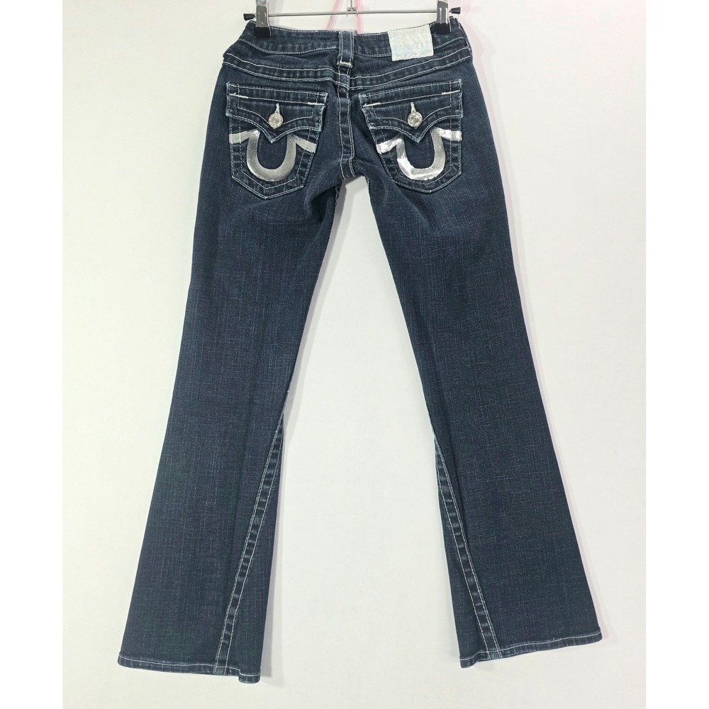 True Religion Low Rise Flare Jeans Dark Wash Thick Stitch Size 24 Made in USA